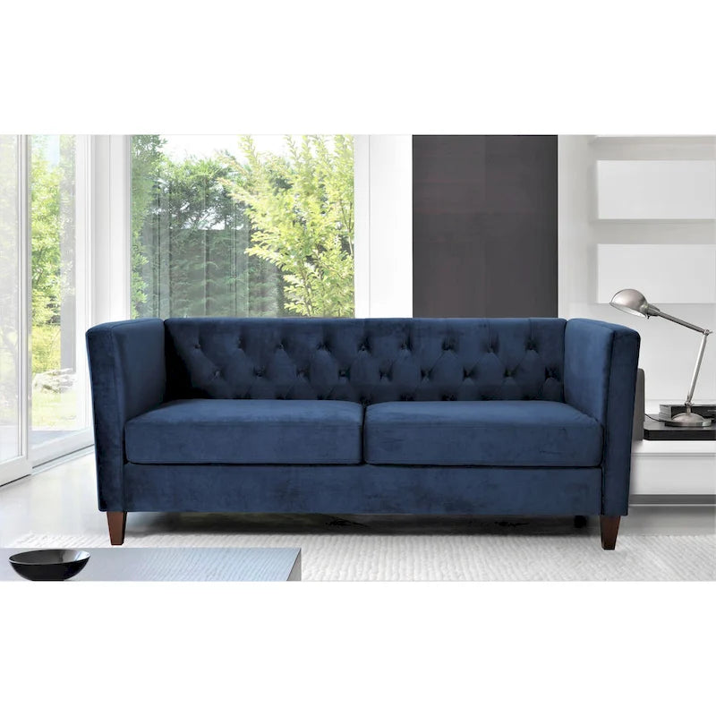 Canapé à accoudoirs carrés en velours écrasé ivoire/bleu de Prusse/noir/jaune/bleu foncé/gris/rose avec dossier capitonné – 73,3", 3 places