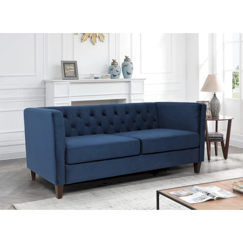 Canapé à accoudoirs carrés en velours écrasé ivoire/bleu de Prusse/noir/jaune/bleu foncé/gris/rose avec dossier capitonné – 73,3", 3 places