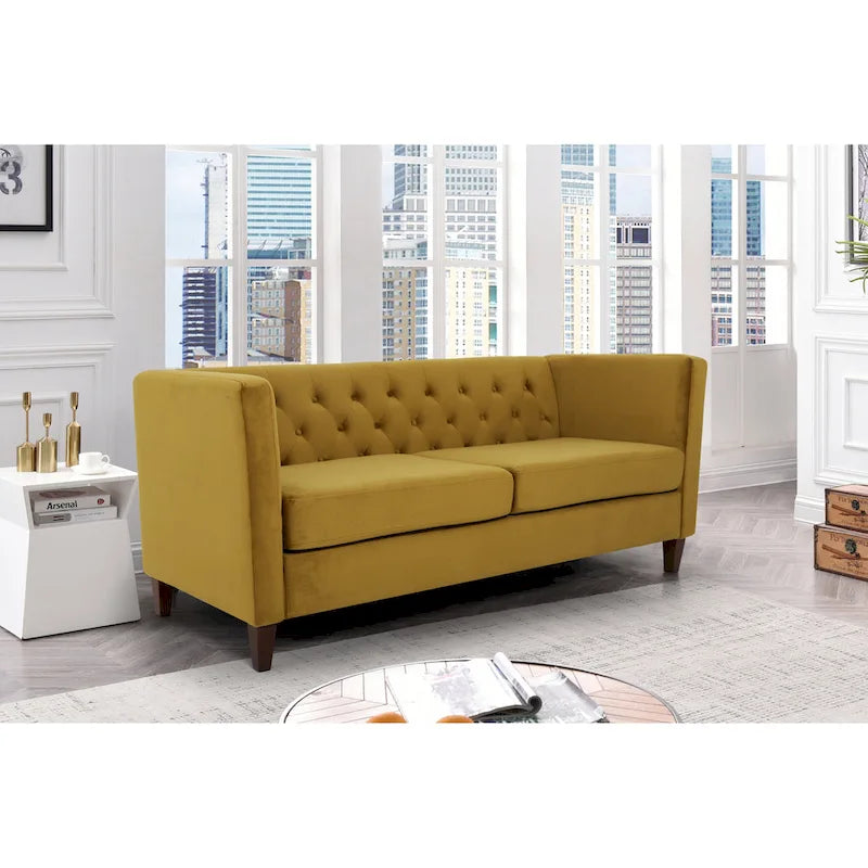 Canapé à accoudoirs carrés en velours écrasé ivoire/bleu de Prusse/noir/jaune/bleu foncé/gris/rose avec dossier capitonné – 73,3", 3 places