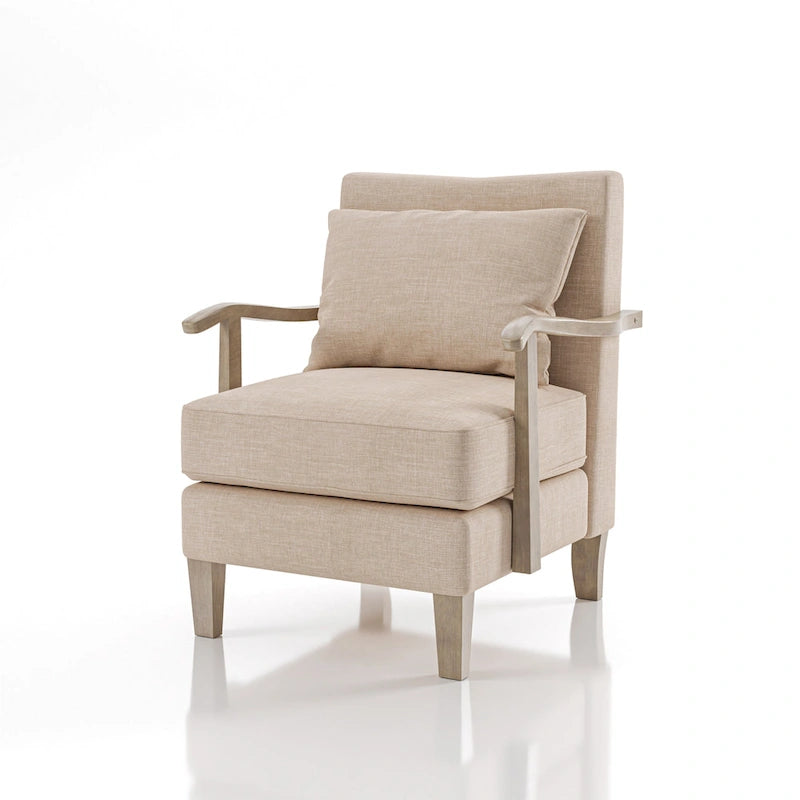 Fauteuil d'appoint contemporain en tissu beige et vinyle avec accoudoirs incurvés et coussin de dossier amovible – Unité individuelle
