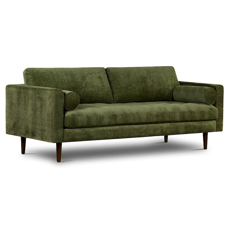 Canapé en velours vieilli vert / béton / blé / marine / cendré avec pieds en noyer et coussins en plumes et duvet – 225 cm, 3 places