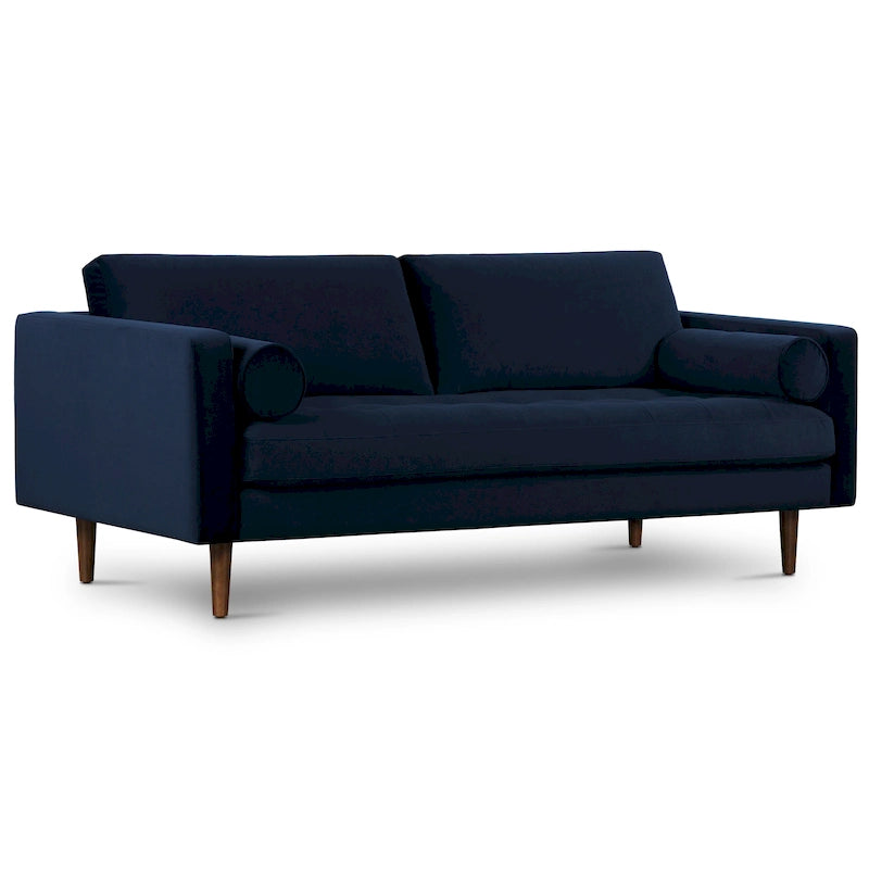 Canapé en velours vieilli vert / béton / blé / marine / cendré avec pieds en noyer et coussins en plumes et duvet – 225 cm, 3 places