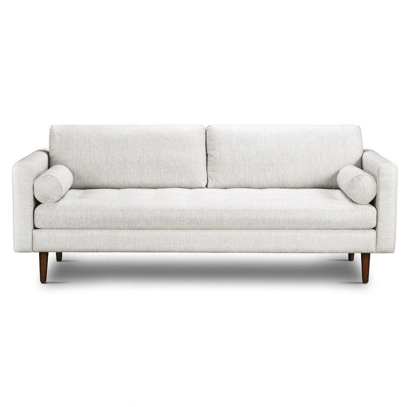 Canapé en velours vieilli vert / béton / blé / marine / cendré avec pieds en noyer et coussins en plumes et duvet – 225 cm, 3 places