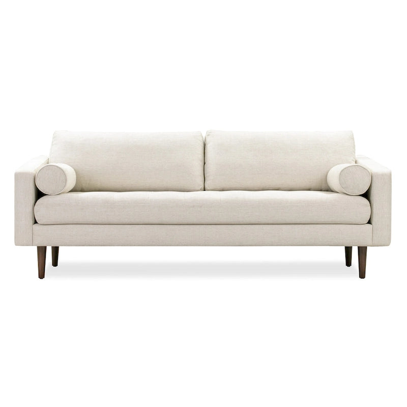 Canapé en velours vieilli vert / béton / blé / marine / cendré avec pieds en noyer et coussins en plumes et duvet – 225 cm, 3 places
