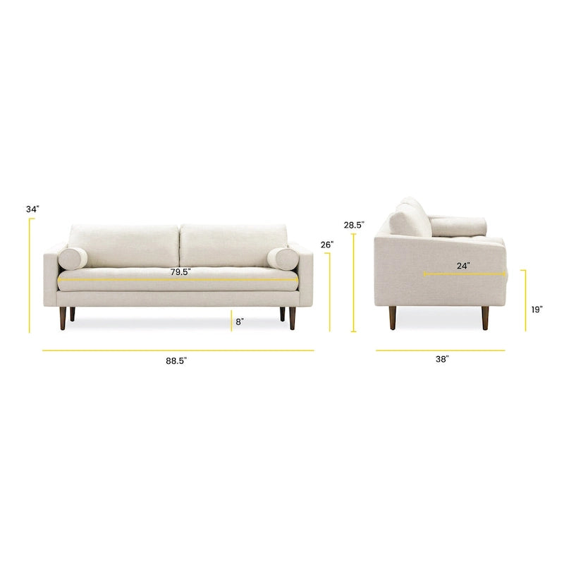 Canapé en velours vieilli vert / béton / blé / marine / cendré avec pieds en noyer et coussins en plumes et duvet – 225 cm, 3 places