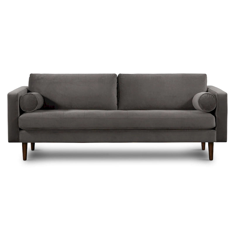 Canapé en velours vieilli vert / béton / blé / marine / cendré avec pieds en noyer et coussins en plumes et duvet – 225 cm, 3 places