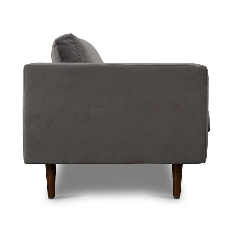 Canapé en velours vieilli vert / béton / blé / marine / cendré avec pieds en noyer et coussins en plumes et duvet – 225 cm, 3 places