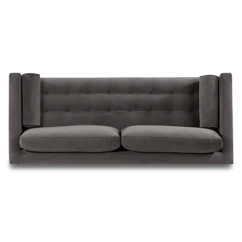 Canapé en velours vieilli vert / béton / blé / marine / cendré avec pieds en noyer et coussins en plumes et duvet – 225 cm, 3 places