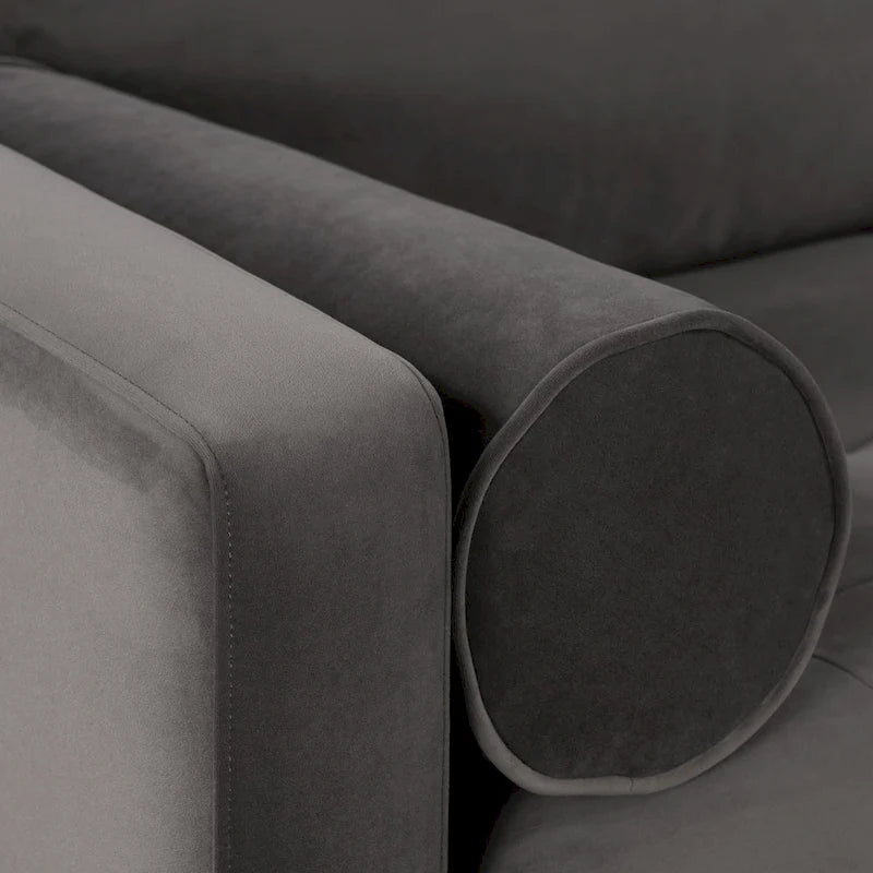 Canapé en velours vieilli vert / béton / blé / marine / cendré avec pieds en noyer et coussins en plumes et duvet – 225 cm, 3 places