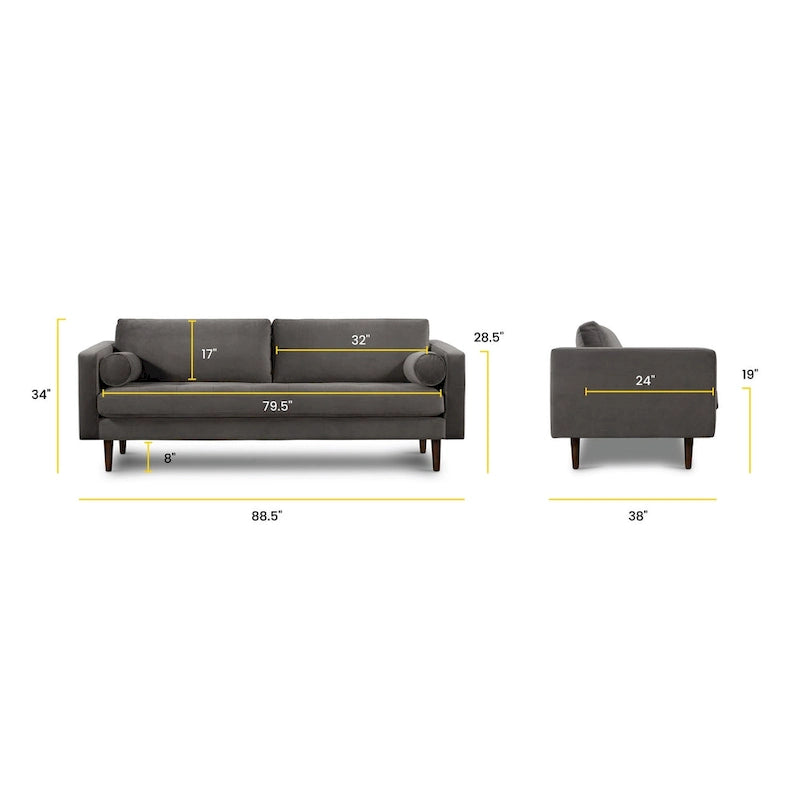 Canapé en velours vieilli vert / béton / blé / marine / cendré avec pieds en noyer et coussins en plumes et duvet – 225 cm, 3 places