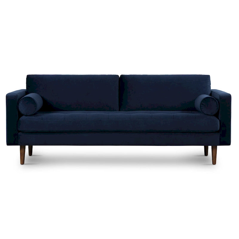 Canapé en velours vieilli vert / béton / blé / marine / cendré avec pieds en noyer et coussins en plumes et duvet – 225 cm, 3 places