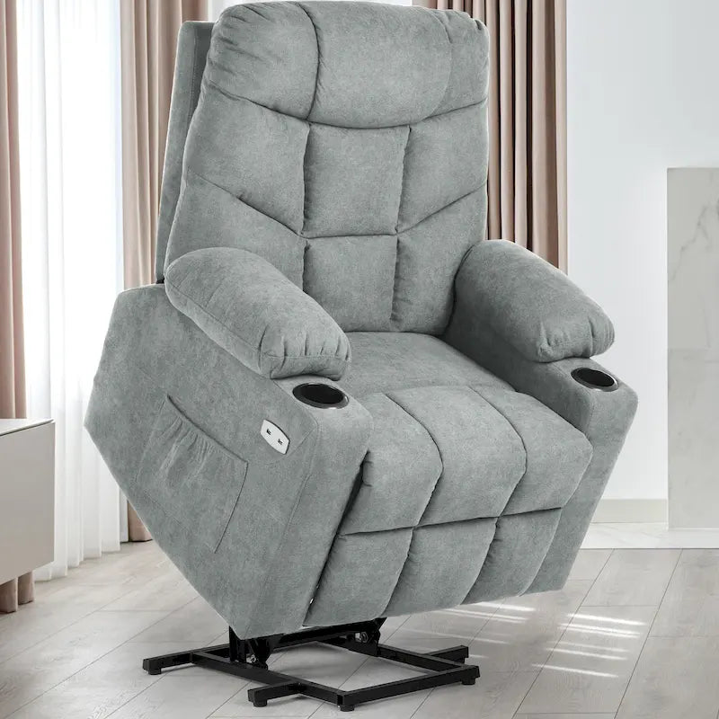 Fauteuil inclinable motorisé de massage et de levage en tissu et similicuir gris / marron / gris foncé / marron foncé avec chauffage et port USB – Simple