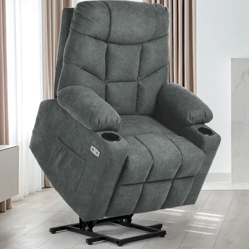 Fauteuil inclinable motorisé de massage et de levage en tissu et similicuir gris / marron / gris foncé / marron foncé avec chauffage et port USB – Simple