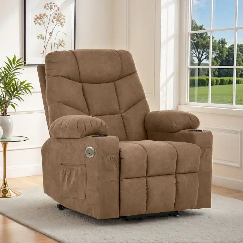 Fauteuil inclinable motorisé de massage et de levage en tissu et similicuir gris / marron / gris foncé / marron foncé avec chauffage et port USB – Simple