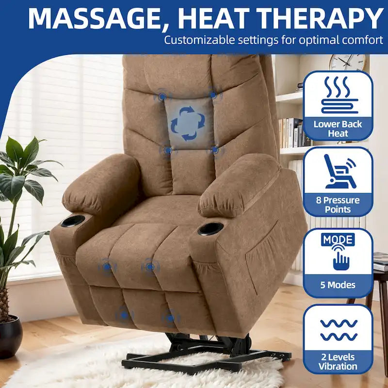 Fauteuil inclinable motorisé de massage et de levage en tissu et similicuir gris / marron / gris foncé / marron foncé avec chauffage et port USB – Simple