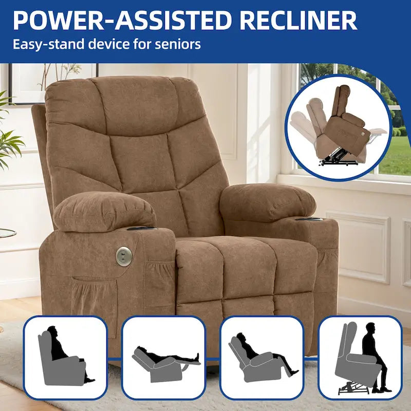 Fauteuil inclinable motorisé de massage et de levage en tissu et similicuir gris / marron / gris foncé / marron foncé avec chauffage et port USB – Simple