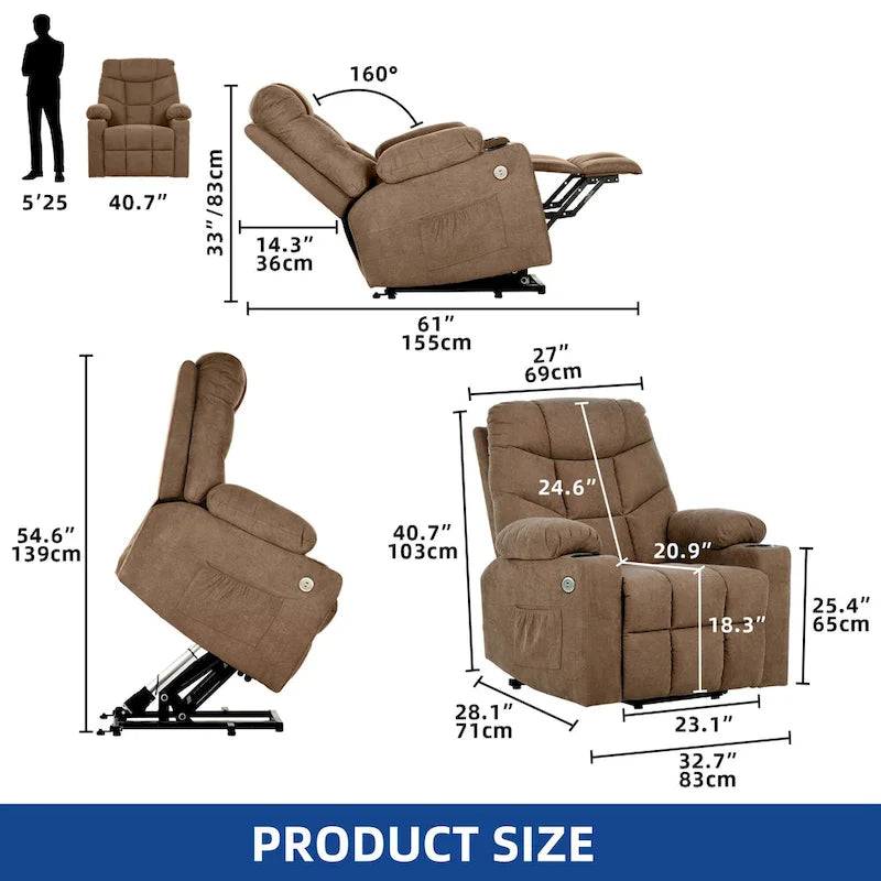 Fauteuil inclinable motorisé de massage et de levage en tissu et similicuir gris / marron / gris foncé / marron foncé avec chauffage et port USB – Simple
