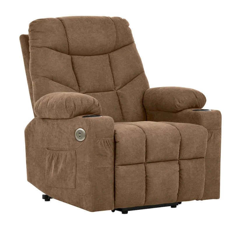 Fauteuil inclinable motorisé de massage et de levage en tissu et similicuir gris / marron / gris foncé / marron foncé avec chauffage et port USB – Simple