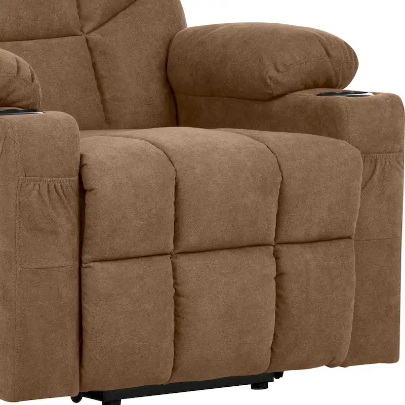Fauteuil inclinable motorisé de massage et de levage en tissu et similicuir gris / marron / gris foncé / marron foncé avec chauffage et port USB – Simple