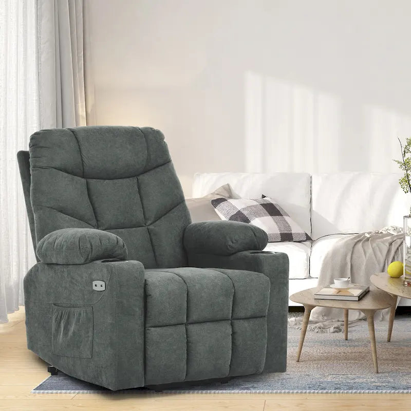 Fauteuil inclinable motorisé de massage et de levage en tissu et similicuir gris / marron / gris foncé / marron foncé avec chauffage et port USB – Simple