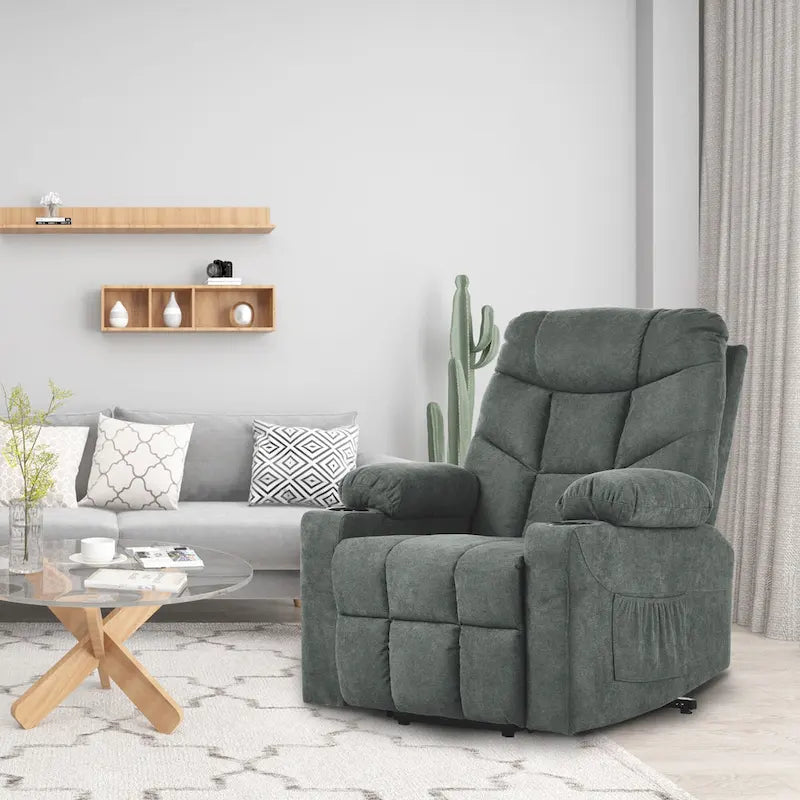 Fauteuil inclinable motorisé de massage et de levage en tissu et similicuir gris / marron / gris foncé / marron foncé avec chauffage et port USB – Simple