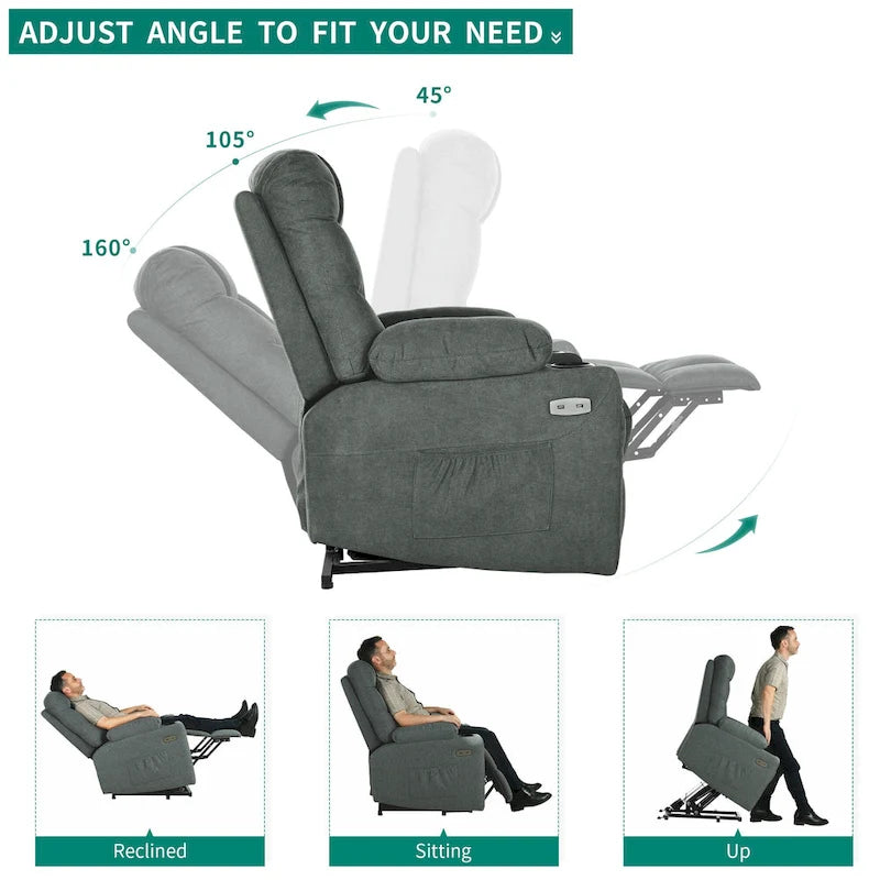Fauteuil inclinable motorisé de massage et de levage en tissu et similicuir gris / marron / gris foncé / marron foncé avec chauffage et port USB – Simple