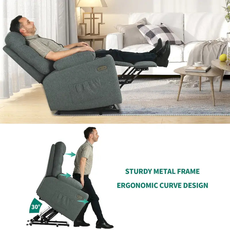 Fauteuil inclinable motorisé de massage et de levage en tissu et similicuir gris / marron / gris foncé / marron foncé avec chauffage et port USB – Simple
