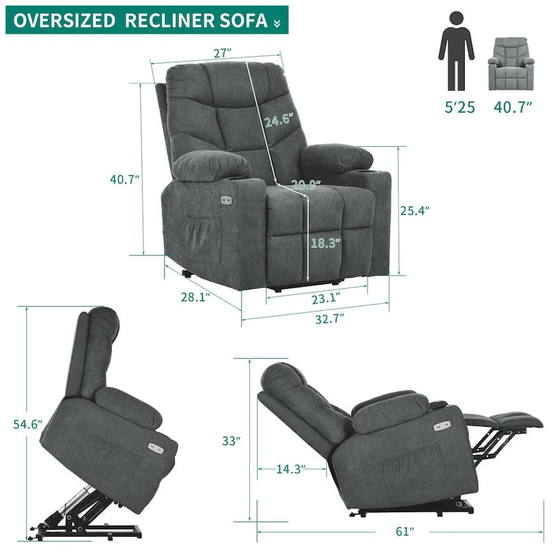 Fauteuil inclinable motorisé de massage et de levage en tissu et similicuir gris / marron / gris foncé / marron foncé avec chauffage et port USB – Simple