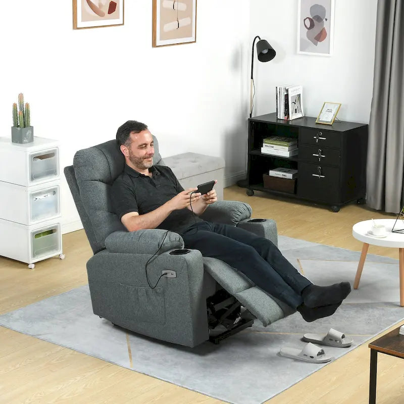 Fauteuil inclinable motorisé de massage et de levage en tissu et similicuir gris / marron / gris foncé / marron foncé avec chauffage et port USB – Simple