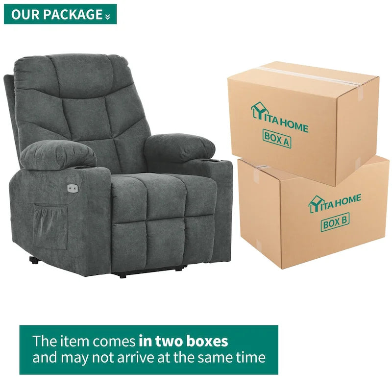 Fauteuil inclinable motorisé de massage et de levage en tissu et similicuir gris / marron / gris foncé / marron foncé avec chauffage et port USB – Simple