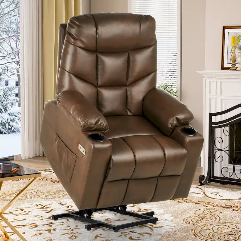 Fauteuil inclinable motorisé de massage et de levage en tissu et similicuir gris / marron / gris foncé / marron foncé avec chauffage et port USB – Simple