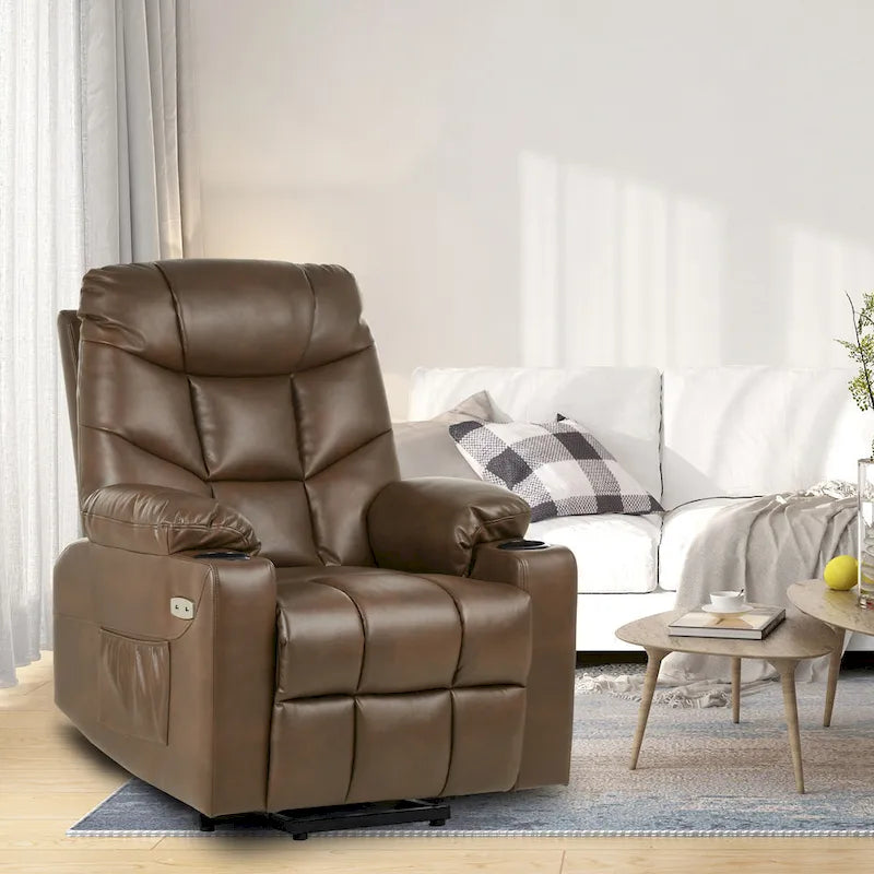 Fauteuil inclinable motorisé de massage et de levage en tissu et similicuir gris / marron / gris foncé / marron foncé avec chauffage et port USB – Simple