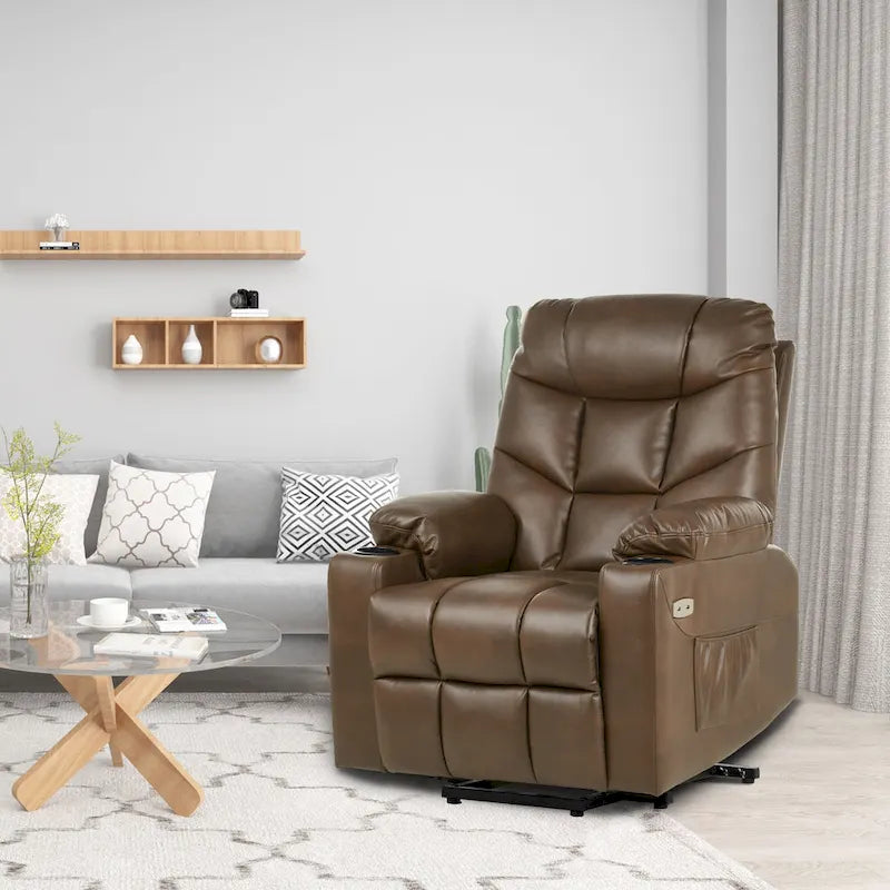 Fauteuil inclinable motorisé de massage et de levage en tissu et similicuir gris / marron / gris foncé / marron foncé avec chauffage et port USB – Simple