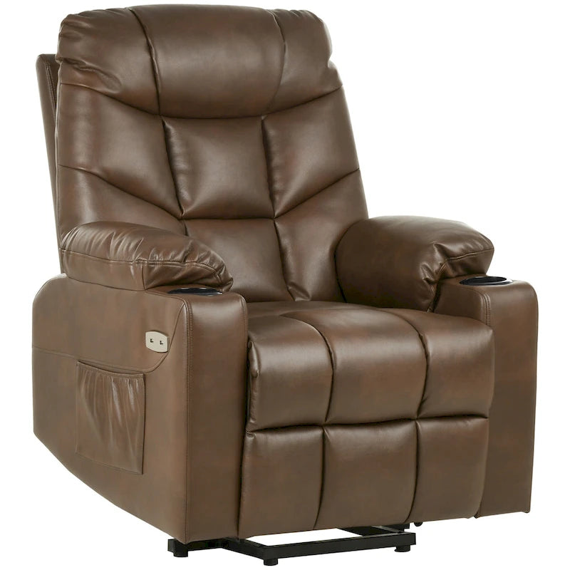 Fauteuil inclinable motorisé de massage et de levage en tissu et similicuir gris / marron / gris foncé / marron foncé avec chauffage et port USB – Simple