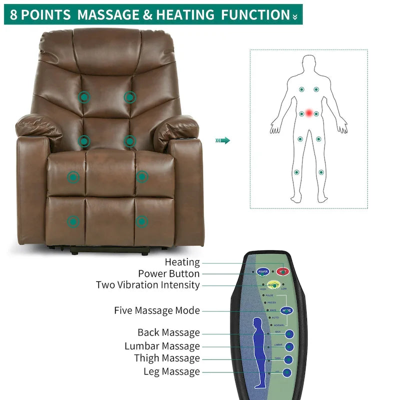 Fauteuil inclinable motorisé de massage et de levage en tissu et similicuir gris / marron / gris foncé / marron foncé avec chauffage et port USB – Simple