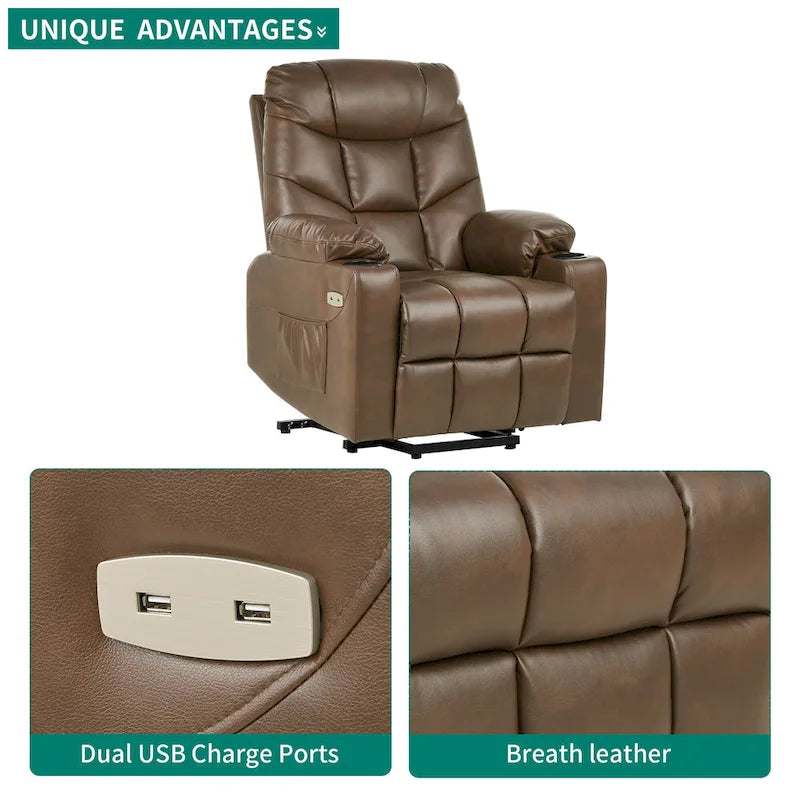 Fauteuil inclinable motorisé de massage et de levage en tissu et similicuir gris / marron / gris foncé / marron foncé avec chauffage et port USB – Simple