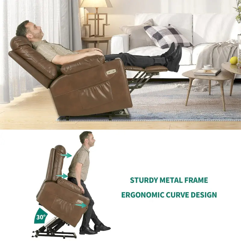 Fauteuil inclinable motorisé de massage et de levage en tissu et similicuir gris / marron / gris foncé / marron foncé avec chauffage et port USB – Simple