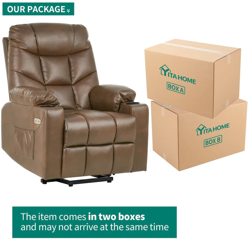 Fauteuil inclinable motorisé de massage et de levage en tissu et similicuir gris / marron / gris foncé / marron foncé avec chauffage et port USB – Simple