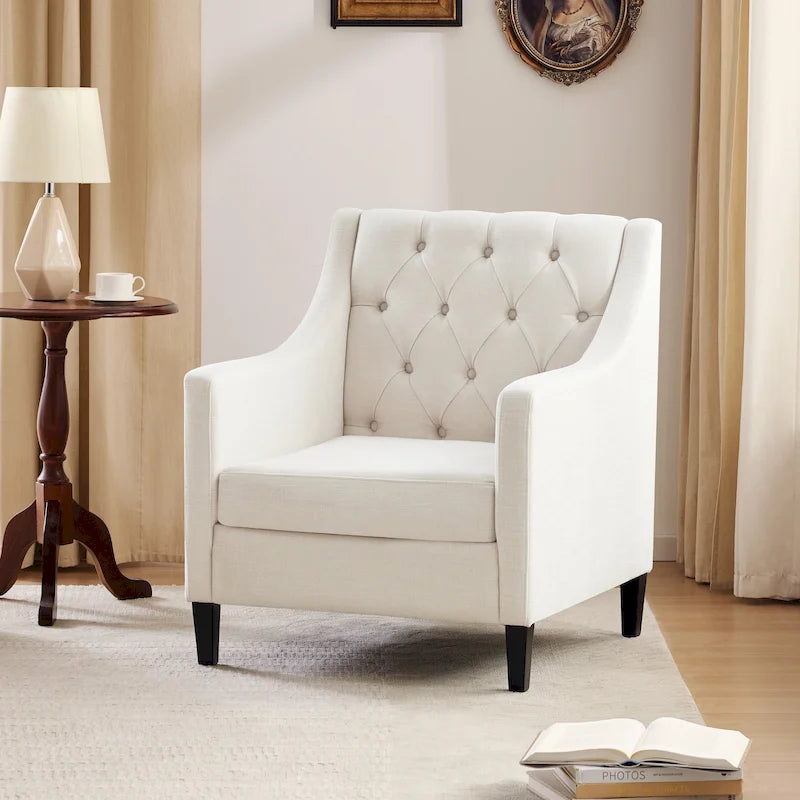 Fauteuil capitonné en coton et lin bleu / bleu sarcelle foncé / beige avec repose-pieds et structure en bois massif – Individuel