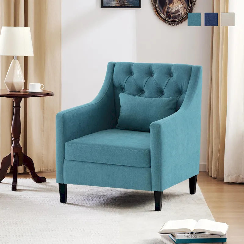 Fauteuil capitonné en coton et lin bleu / bleu sarcelle foncé / beige avec repose-pieds et structure en bois massif – Individuel