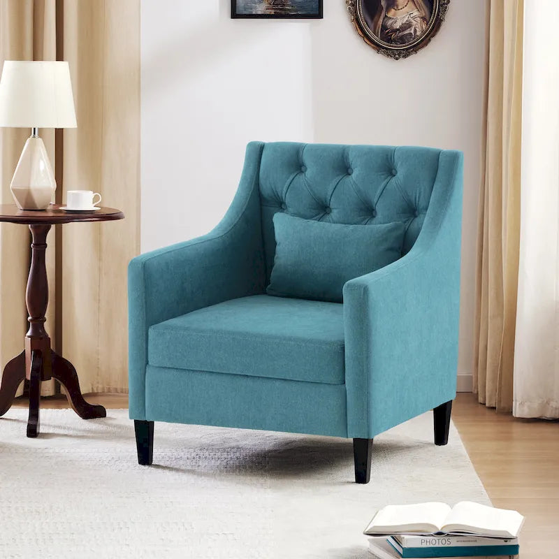 Fauteuil capitonné en coton et lin bleu / bleu sarcelle foncé / beige avec repose-pieds et structure en bois massif – Individuel