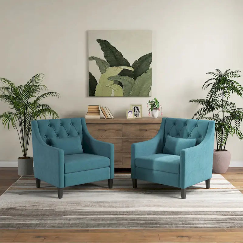 Fauteuil capitonné en coton et lin bleu / bleu sarcelle foncé / beige avec repose-pieds et structure en bois massif – Individuel