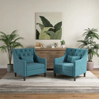Fauteuil capitonné en coton et lin bleu / bleu sarcelle foncé / beige avec repose-pieds et structure en bois massif – Individuel