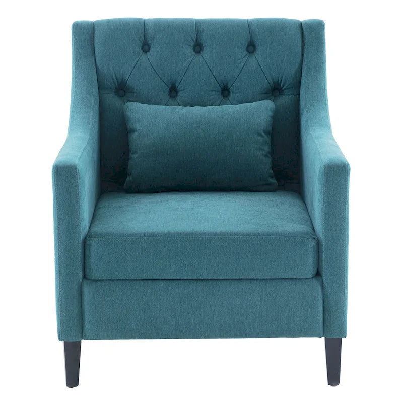 Fauteuil capitonné en coton et lin bleu / bleu sarcelle foncé / beige avec repose-pieds et structure en bois massif – Individuel