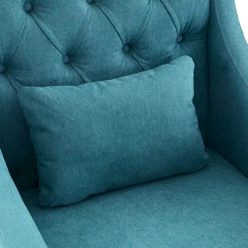 Fauteuil capitonné en coton et lin bleu / bleu sarcelle foncé / beige avec repose-pieds et structure en bois massif – Individuel