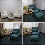 Fauteuil capitonné en coton et lin bleu / bleu sarcelle foncé / beige avec repose-pieds et structure en bois massif – Individuel