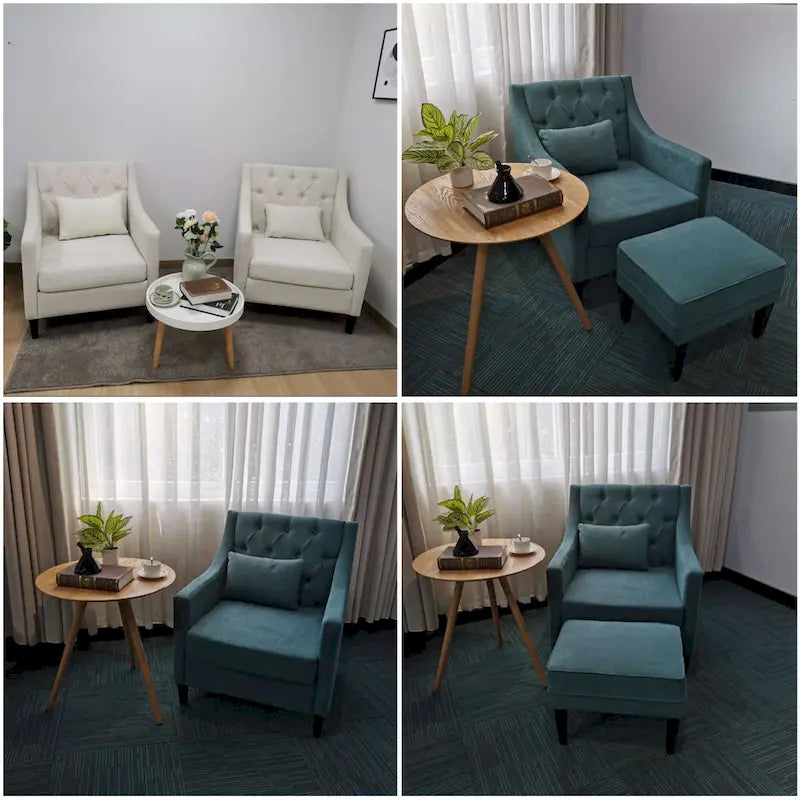 Fauteuil capitonné en coton et lin bleu / bleu sarcelle foncé / beige avec repose-pieds et structure en bois massif – Individuel