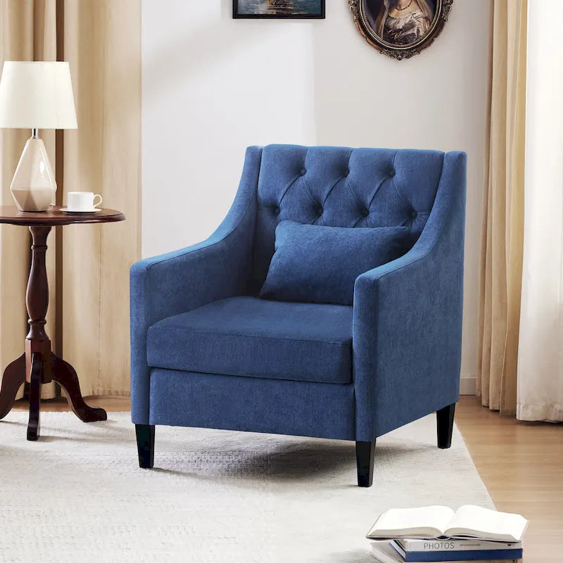 Fauteuil capitonné en coton et lin bleu / bleu sarcelle foncé / beige avec repose-pieds et structure en bois massif – Individuel