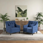 Fauteuil capitonné en coton et lin bleu / bleu sarcelle foncé / beige avec repose-pieds et structure en bois massif – Individuel