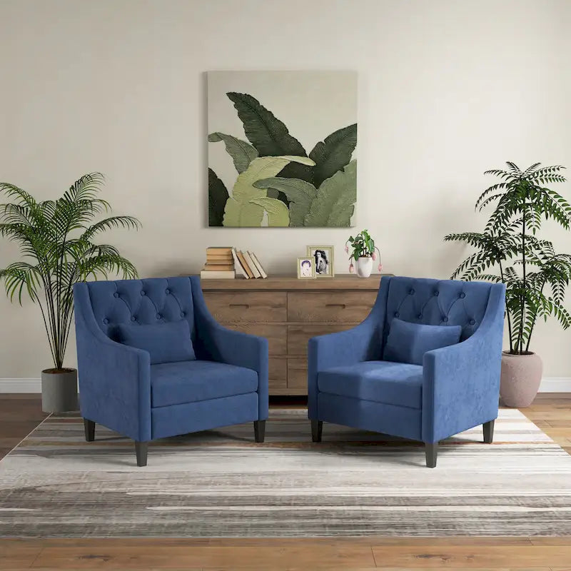 Fauteuil capitonné en coton et lin bleu / bleu sarcelle foncé / beige avec repose-pieds et structure en bois massif – Individuel